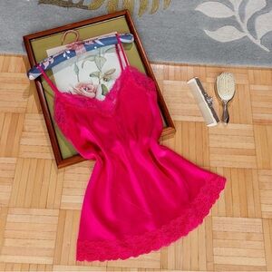 Y2K fuchsia pink silk and lace micro/mini slip dress